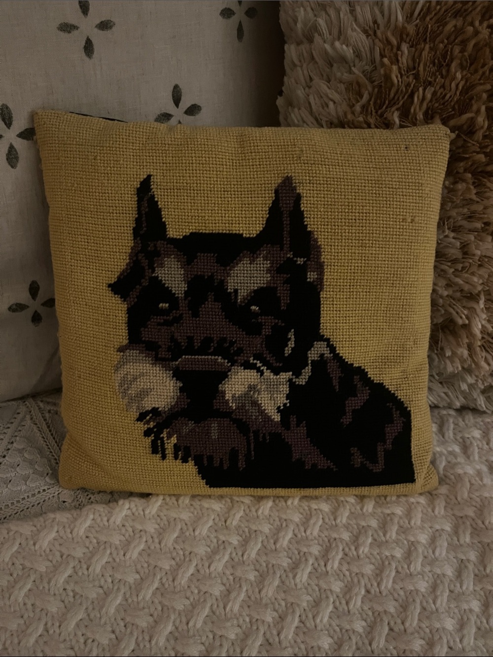 Vintage Dog Needlepoint Pillow Cover - Pet Decor